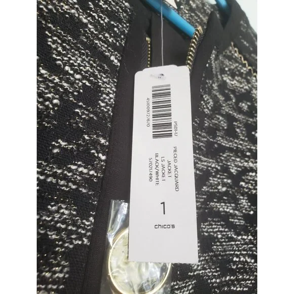 Chico's 1 Womens 8 S Jacket Full Zipper Gray Heather Pieced Jacquard Black NWT - Picture 6 of 7